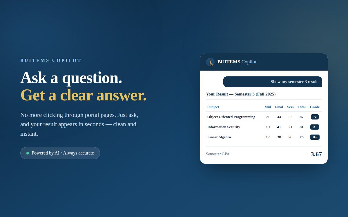 BUITEMS Copilot answering a semester result query with a full marks table and GPA