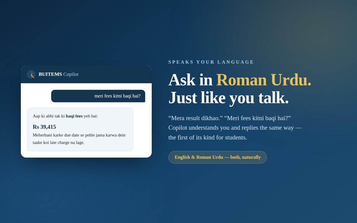 BUITEMS Copilot replying in Roman Urdu to a fees question