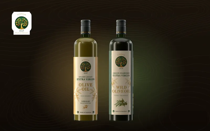 Golden Legacy and Green Diamond olive oil bottles from Al-Maharah