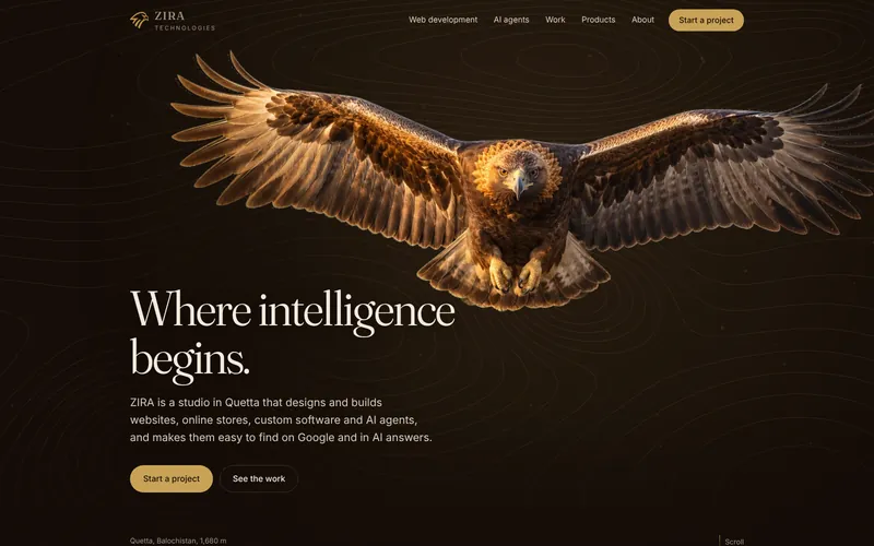The getzira.tech home page with a golden eagle in flight